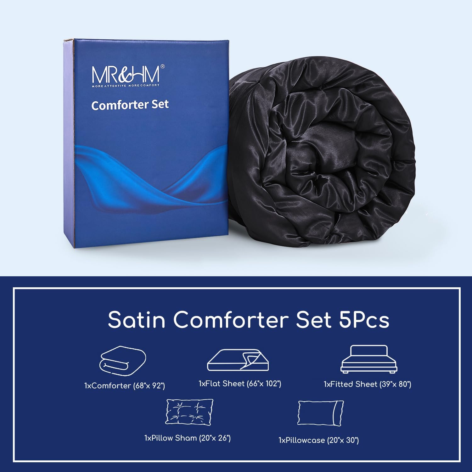 MRHM Satin Comforter Set Twin XL 5 Piece Black