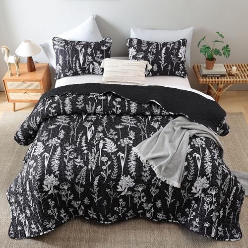 JANZAA Queen Size Quilt Set with Floral Pattern - Black 1