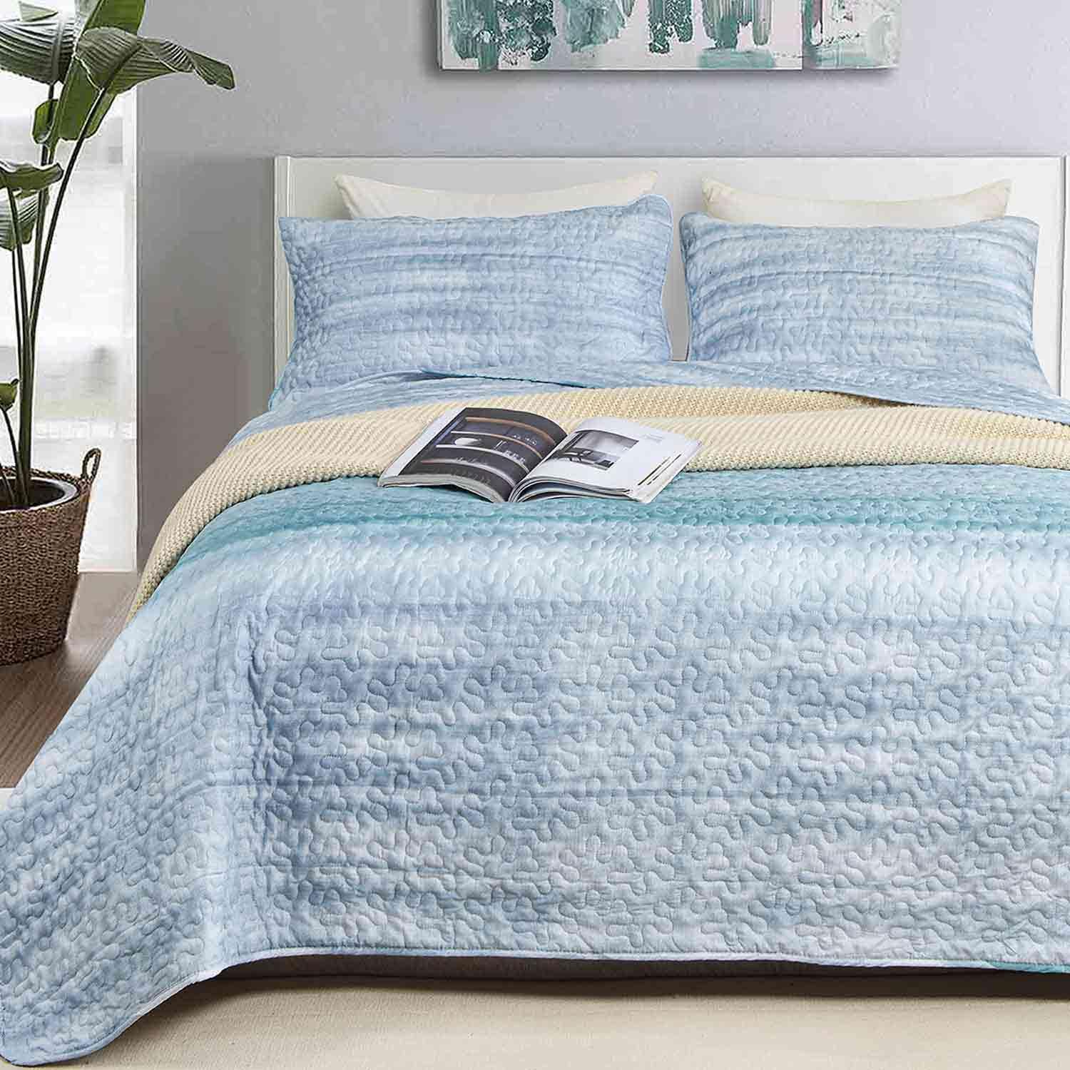 Nanko King Size Quilt Set 3 pcs Grey Teal Blue Striped