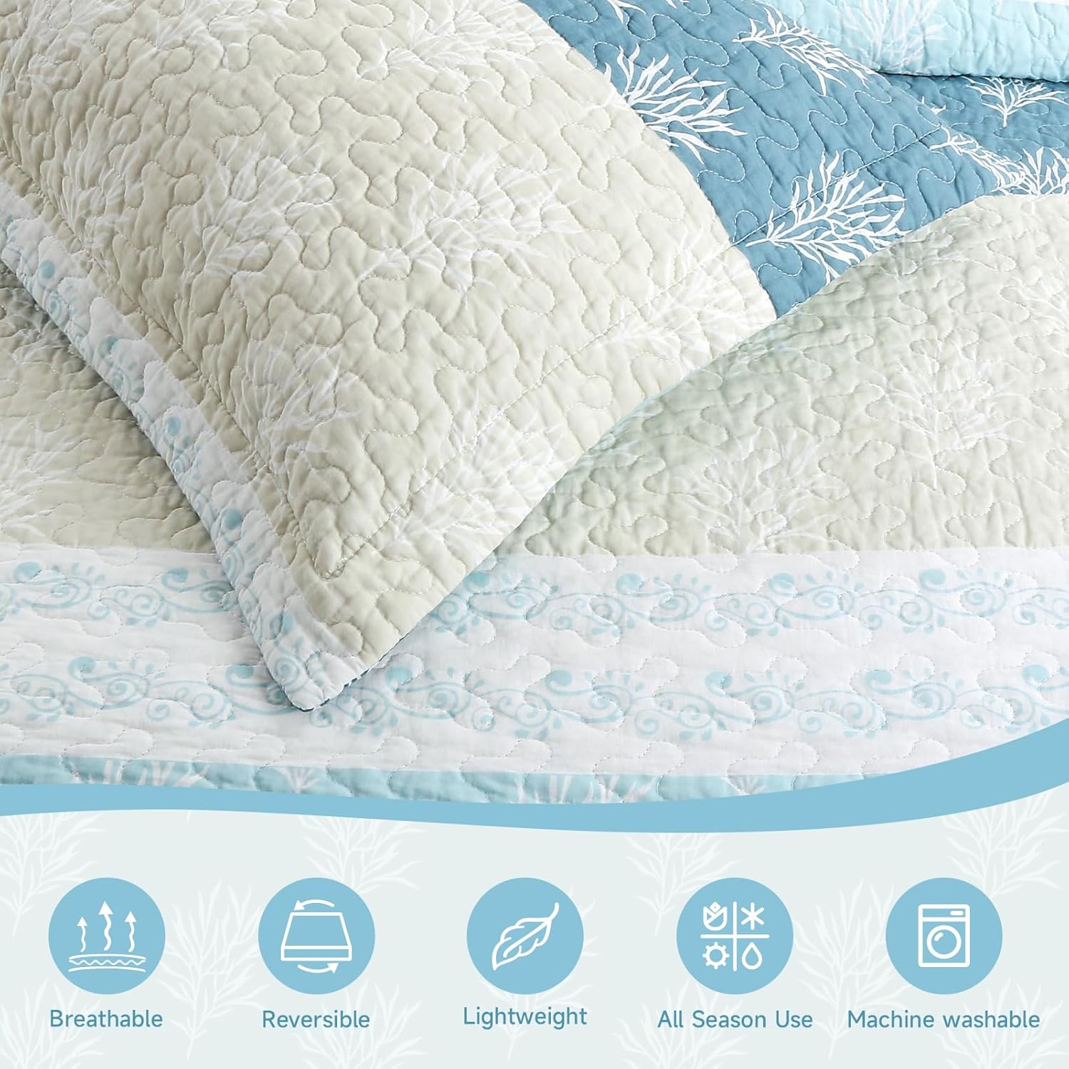 UYOF King Quilt Set - 100 Cotton Reversible Comforter with Shams