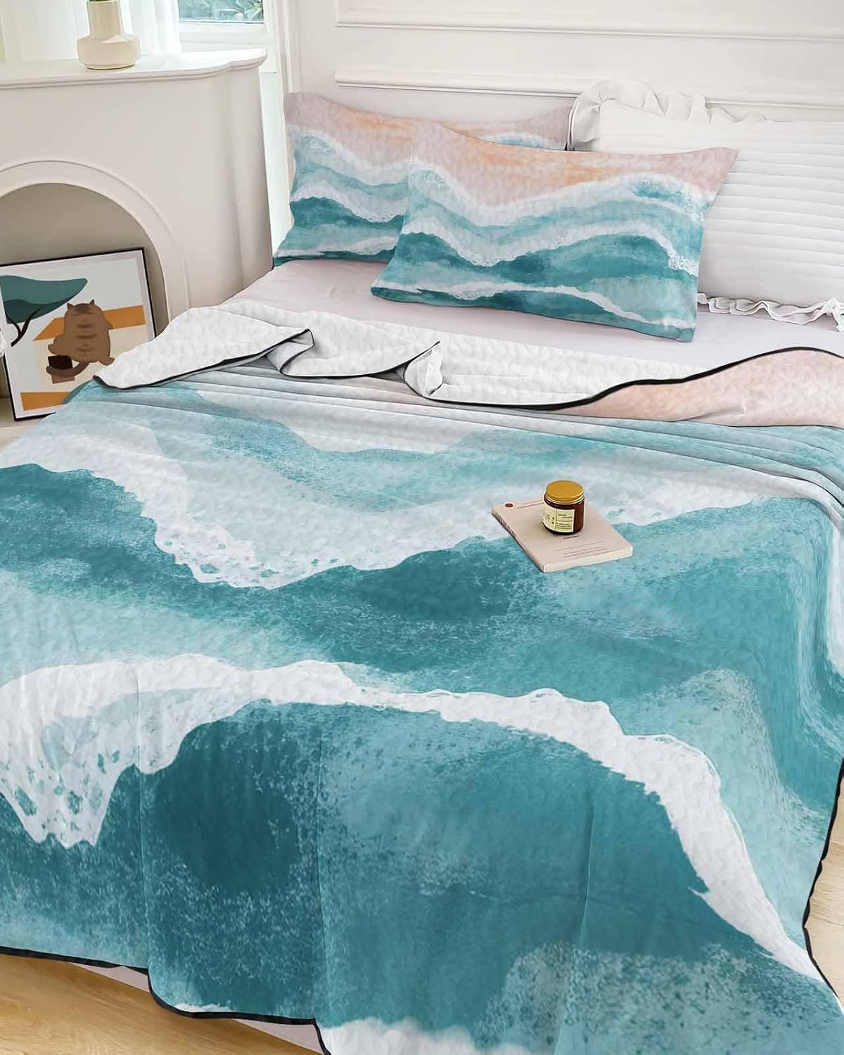 Teal Green Coastal Quilt Set Twin XL with Pillow Covers