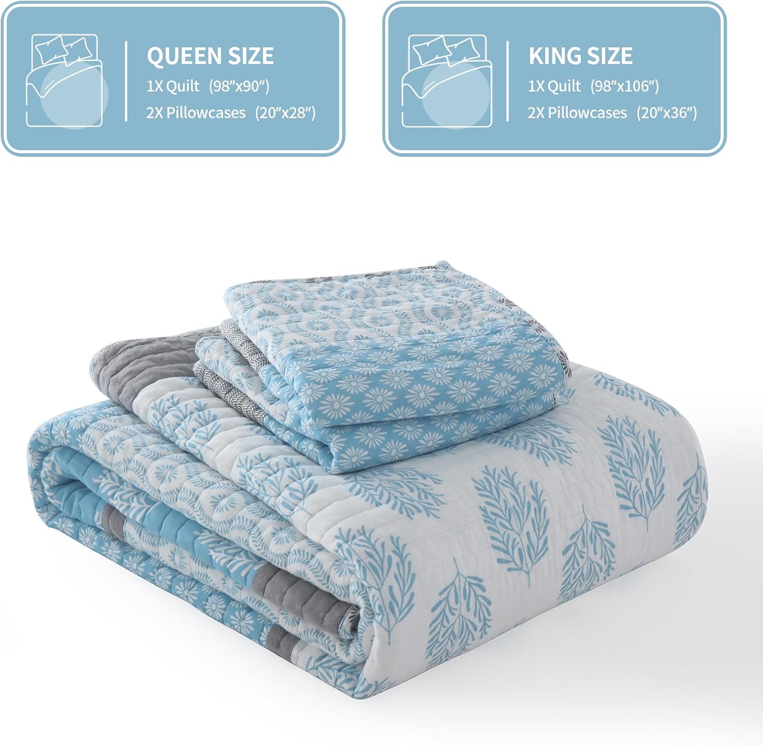KALOOLA Light Blue Quilts Queen Size Set