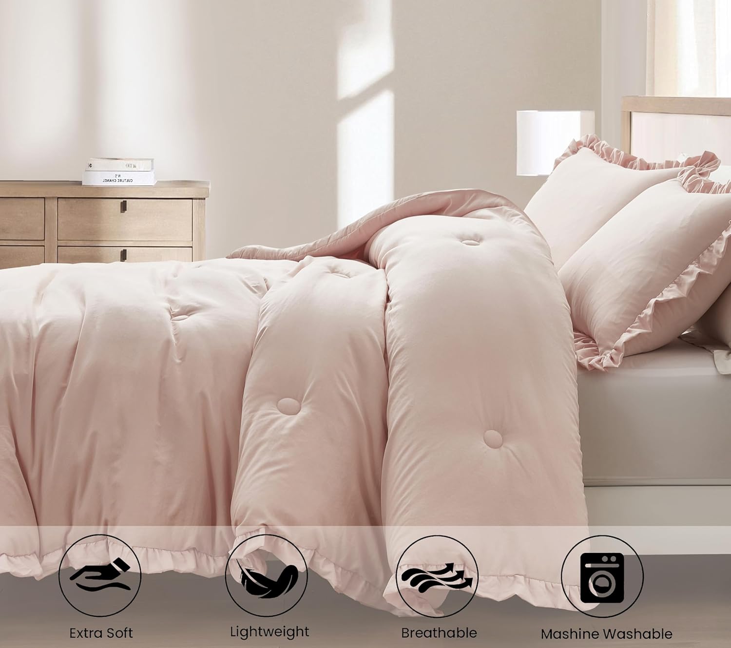 Chezmoi Collection Nora 3-Piece Comforter Set Queen Blush