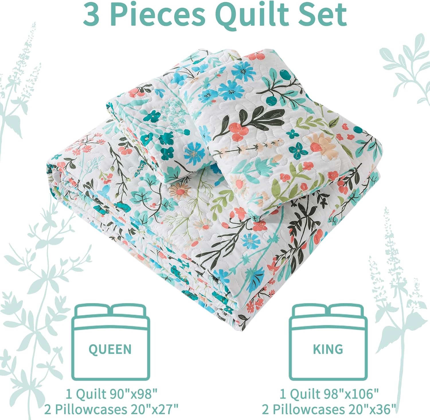 VAPUTAR Botanical King Size Quilt Set 3 Piece
