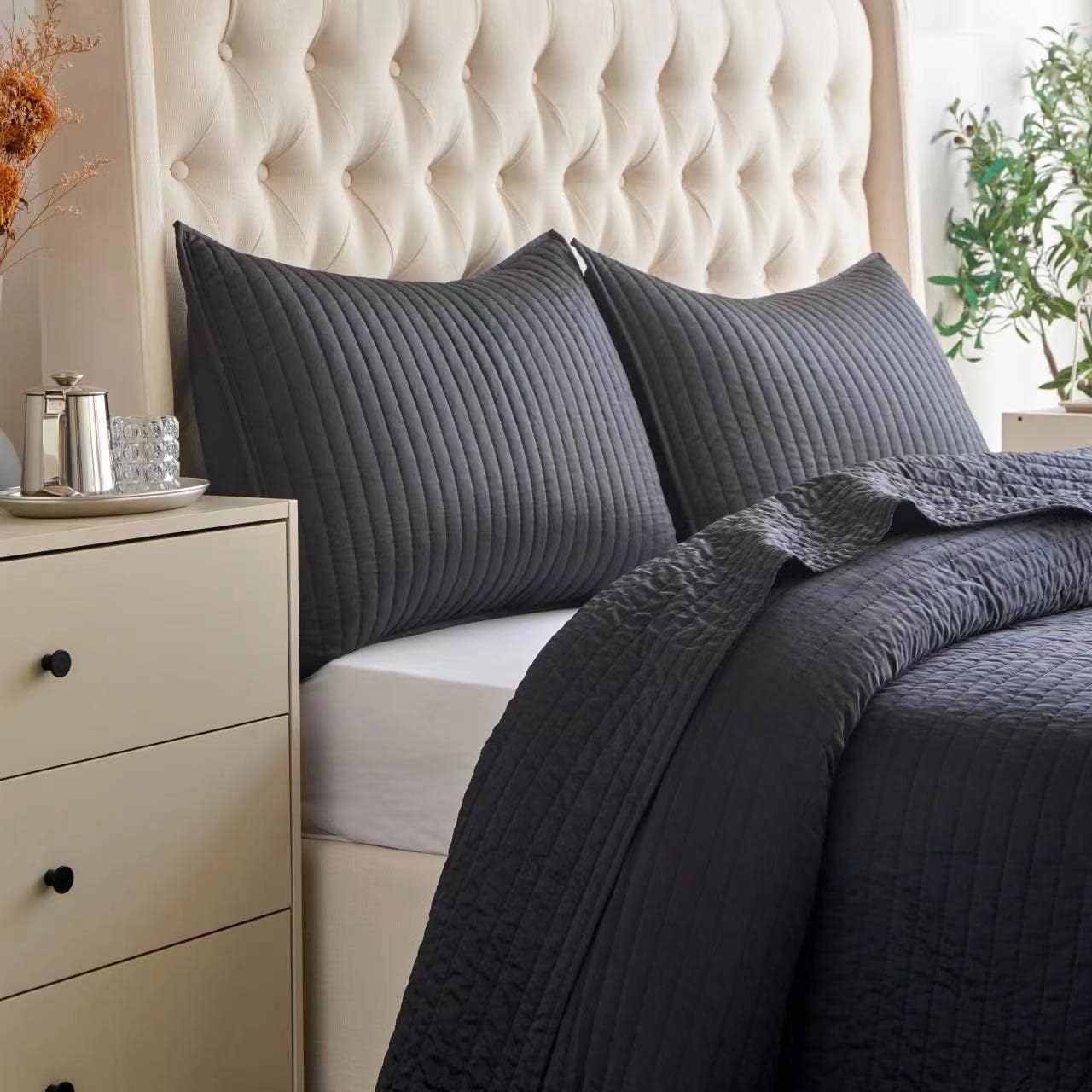 Indigo Hill Satin Quilt Set 3 Piece Super Queen Size Black