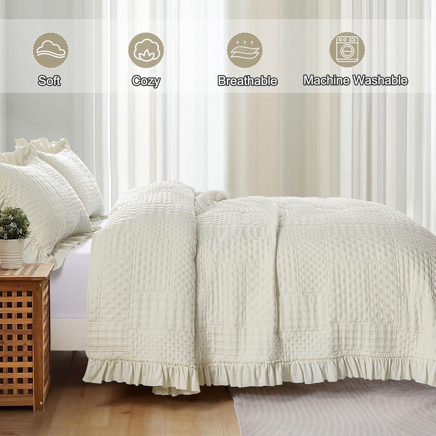 DJY Beige Ruffled Quilt Set 3 Pieces All Season