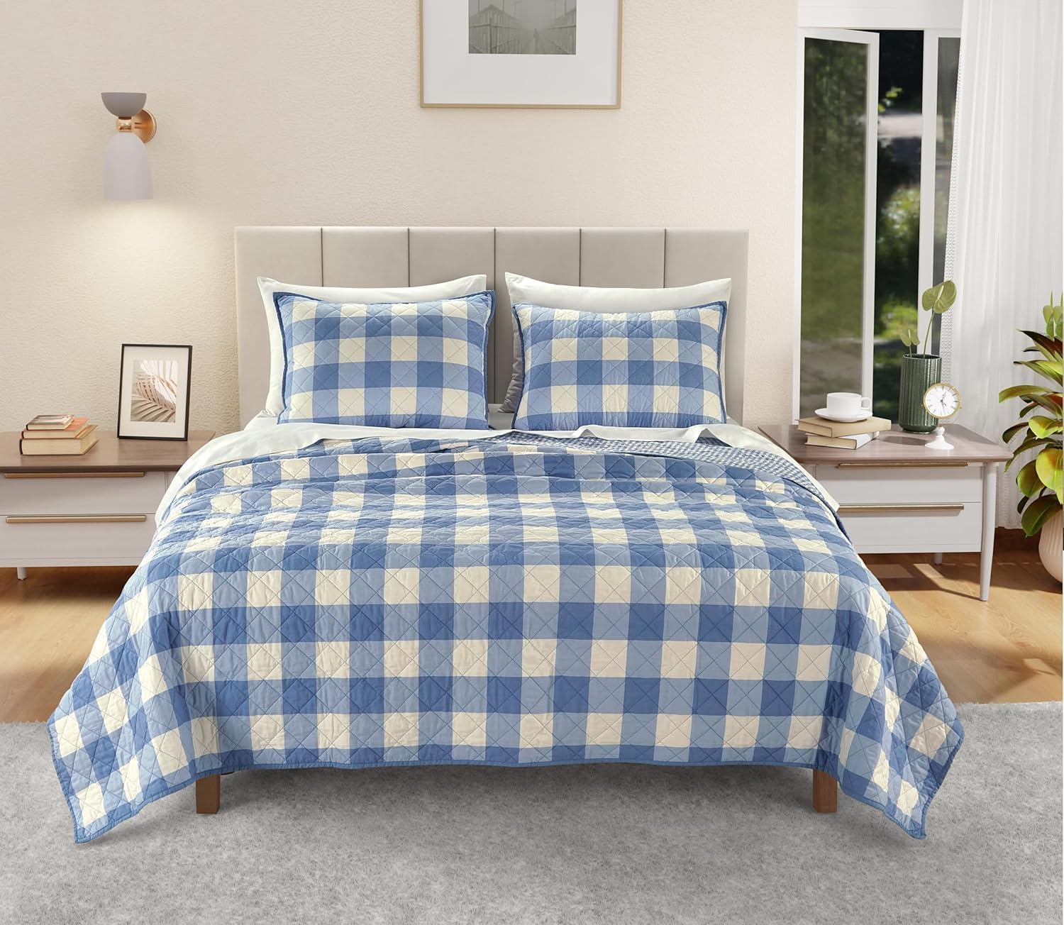 IZOD 100 Cotton Percale Quilt Set Reversible Twin Bedding Blue Gingham
