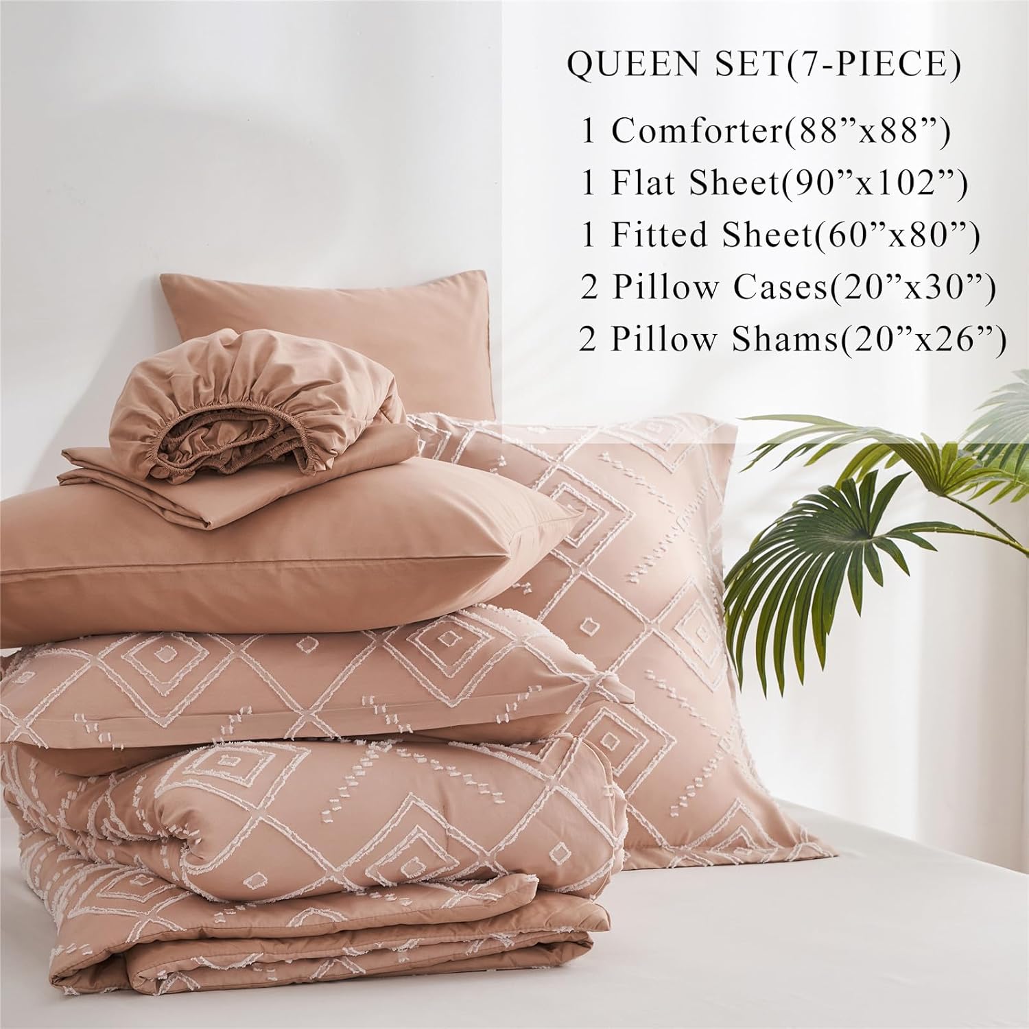 KAKKI Blush Pink Tufted Queen Comforter Set 7 Piece