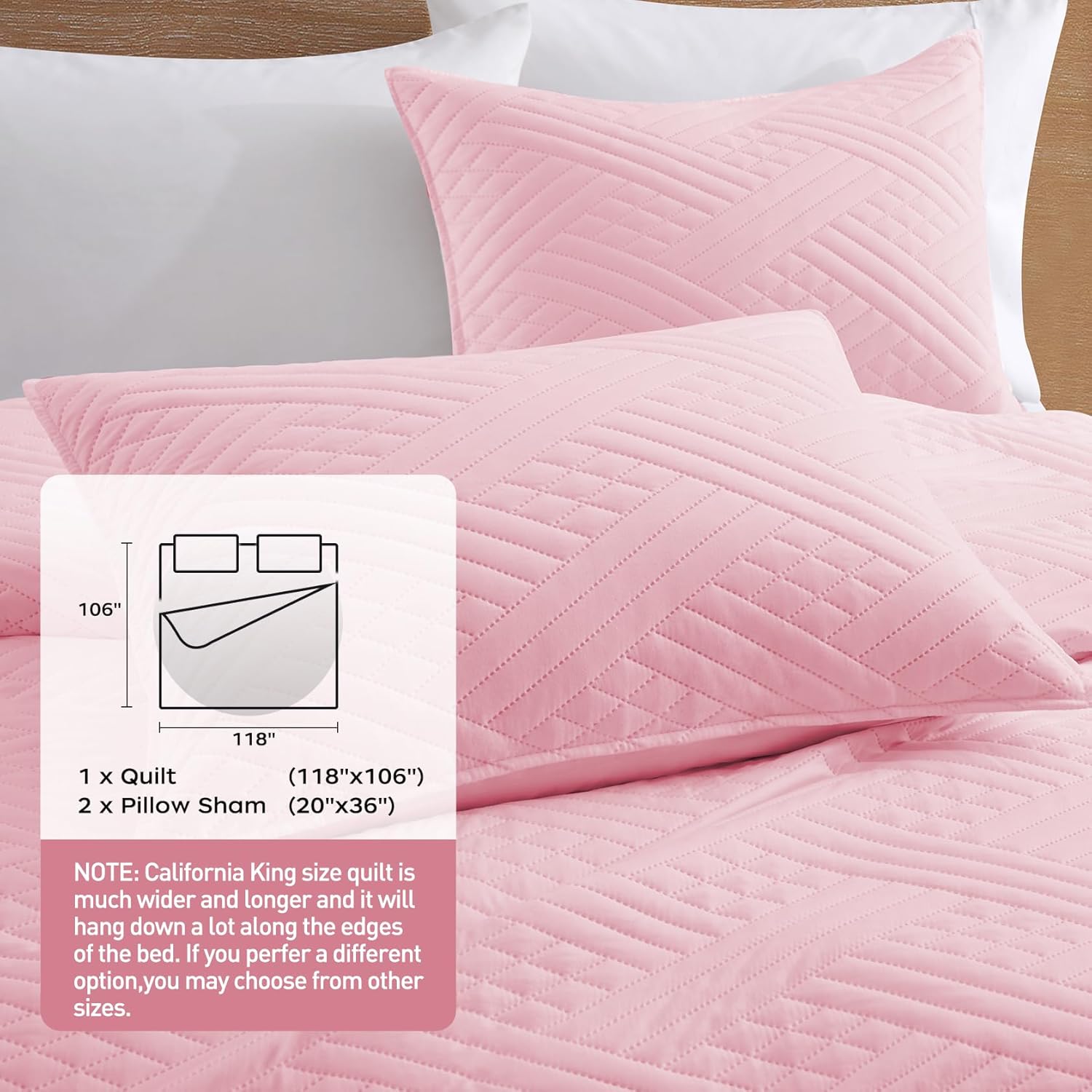 Lavsiry Pink Striped Quilt Set for California King Bed