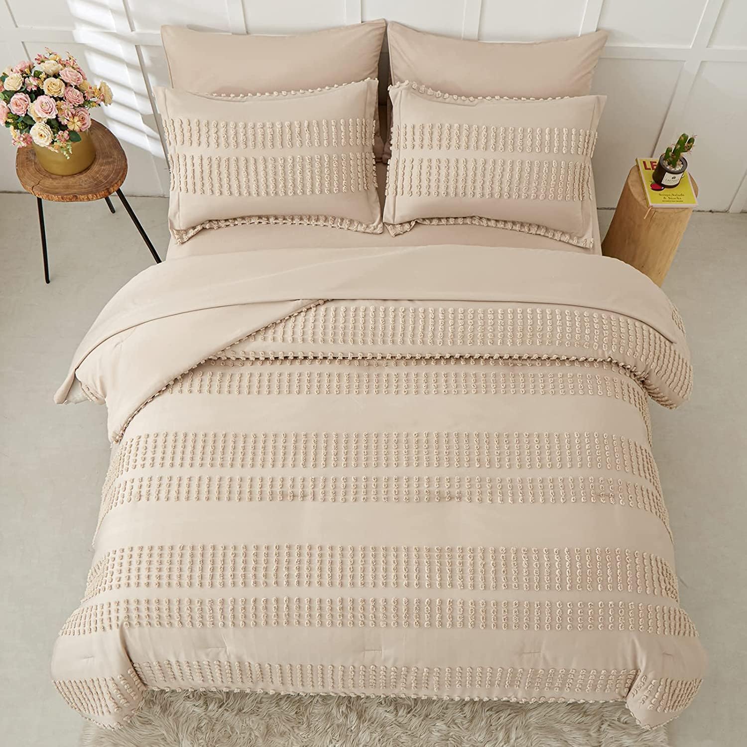 3-Piece Tufted Duvet Cover Set - Premium Percale Cotton Natural Cream Super King