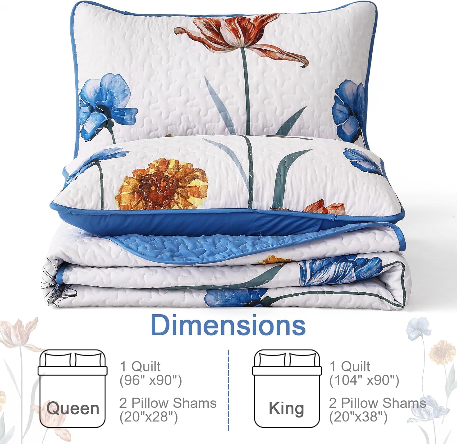 WONGS BEDDING Blue Floral Quilt Set King Size