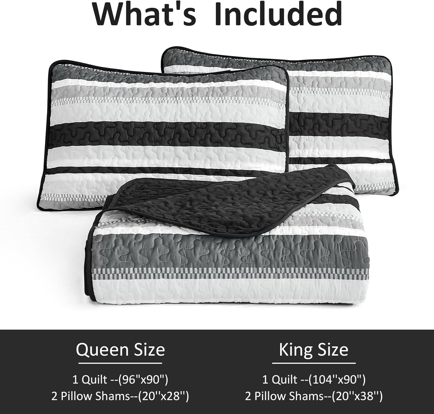 Wongs Bedding King Quilt Set 3 Pieces Black Striped Bedspread Coverlet with Shams