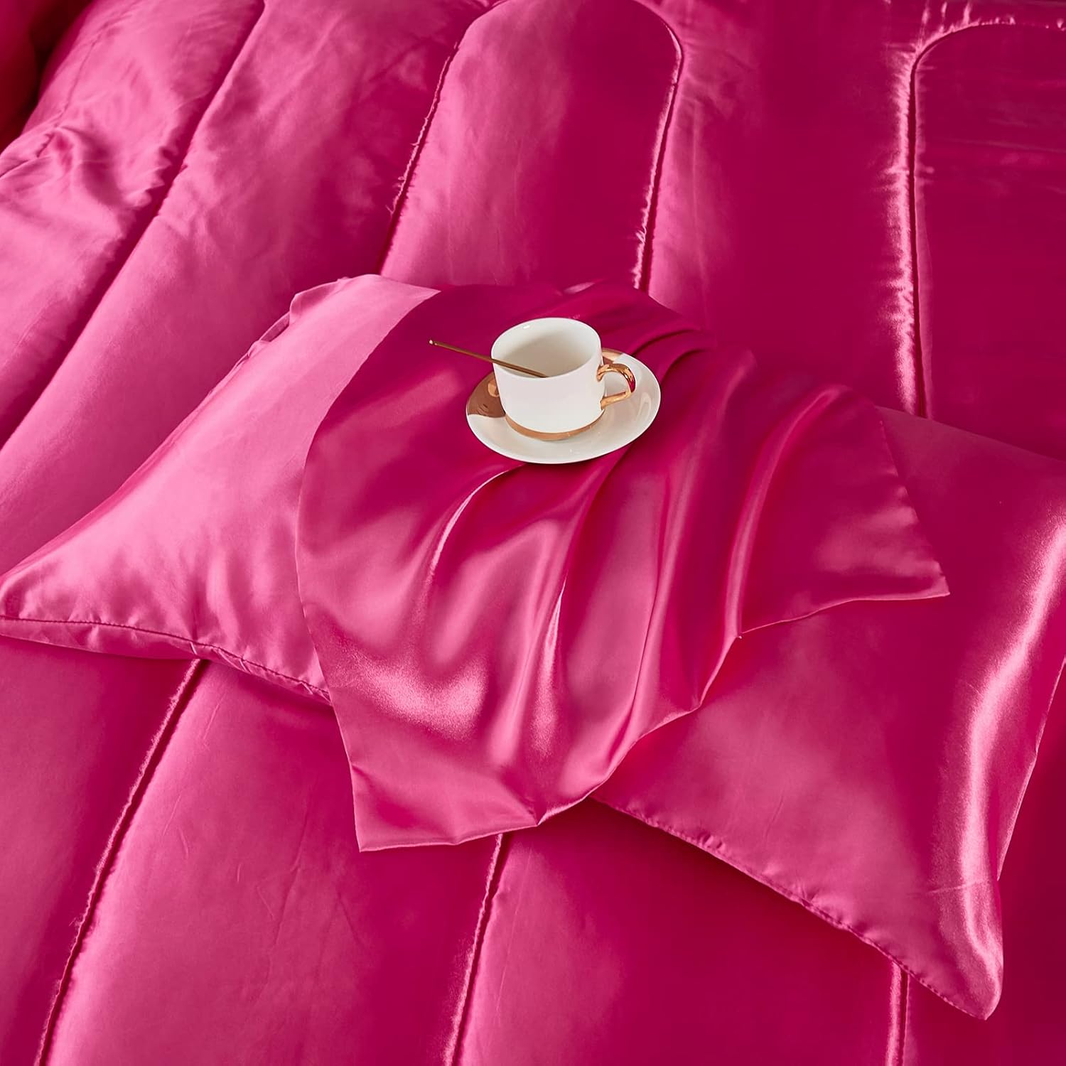 Kanak Bedding 3PC Satin Comforter Set Queen Hot Pink