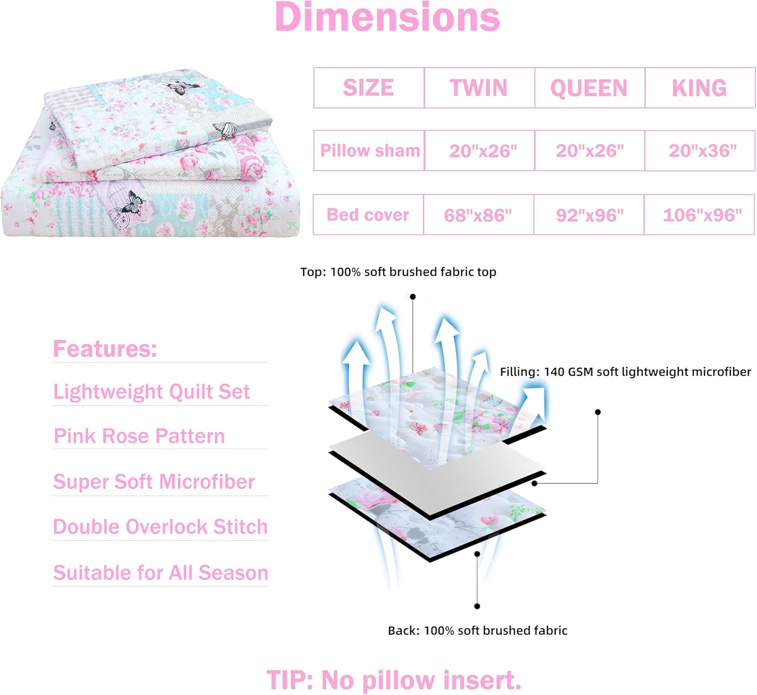 Cmfshape Reversible Quilt Set Pink Butterfly Twin