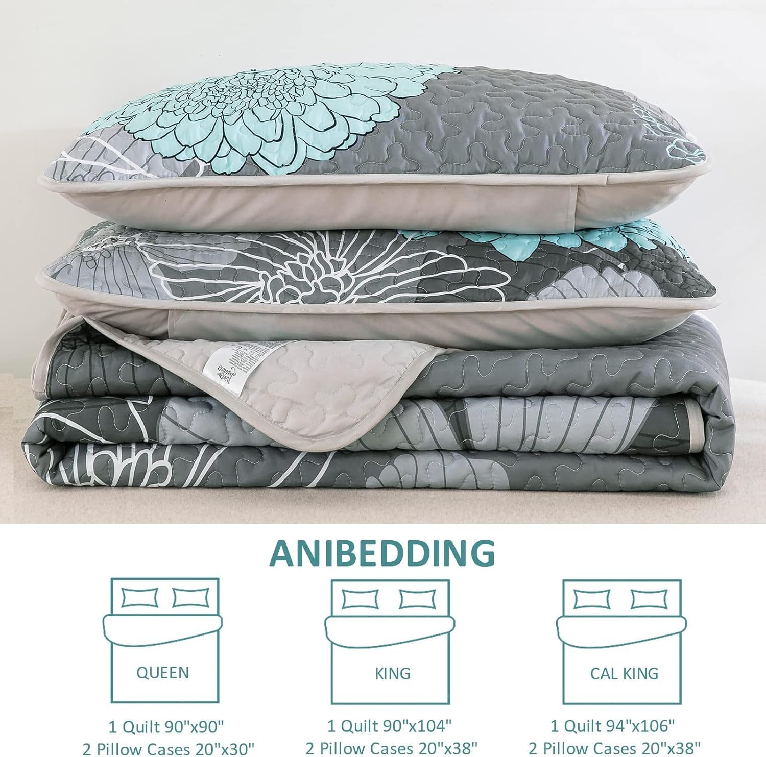 Anibedding Green Floral Twin Quilt Set with Pillowcases