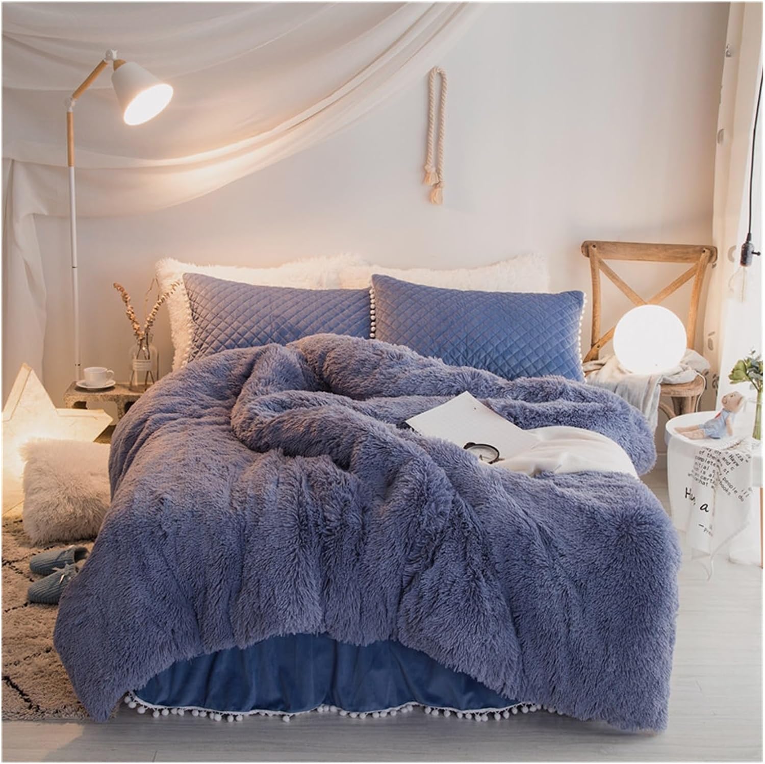 4pcs Blue Super King Green Plush Velvet Duvet Cover Set