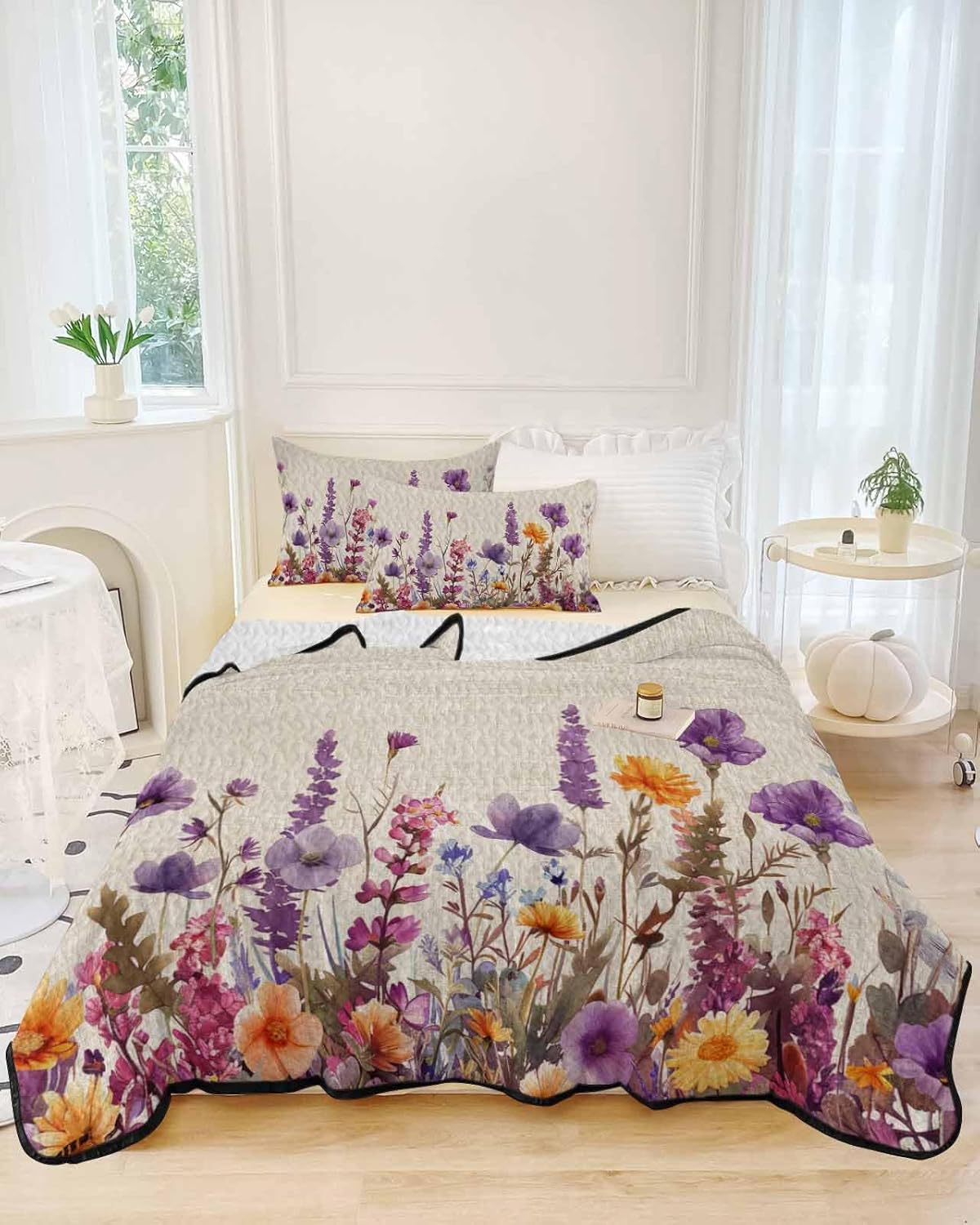 Purple Lavender Daisy Quilt Set Twin XL with 2 Pillow Shams