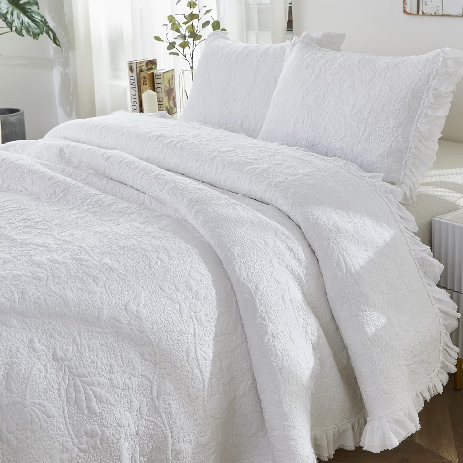 Brandream 5-Piece White Quilt Set Cotton Queen Size
