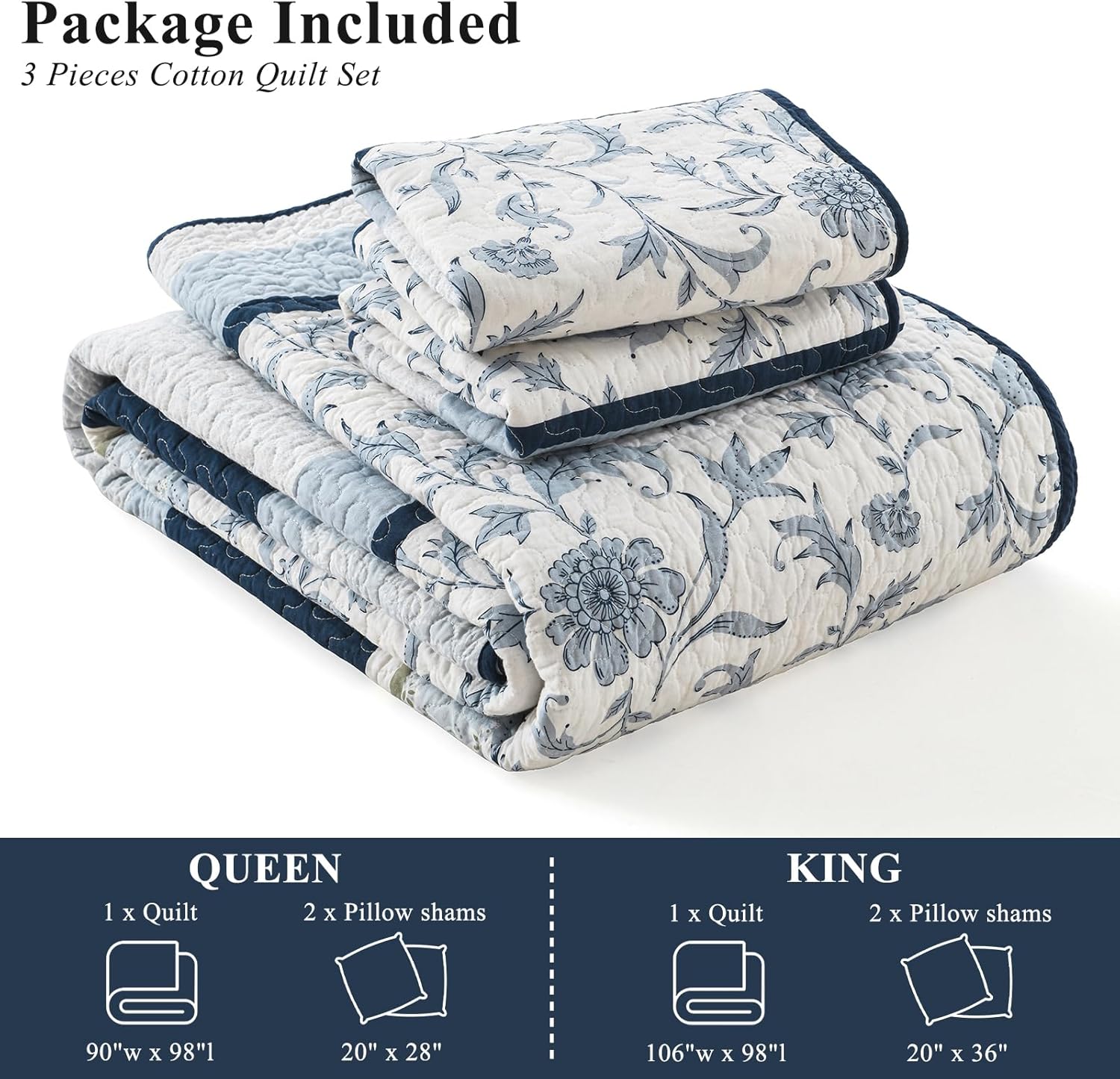 SOElinens Queen Size Quilt Set Navy Blue Floral