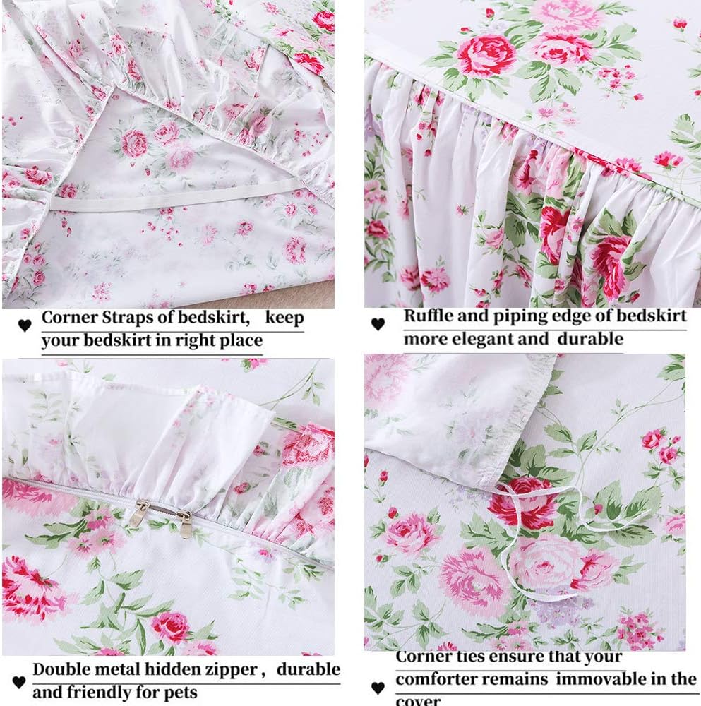 FADFAY 4-Piece Premium Cotton Bedding Set with Pink Rose Print