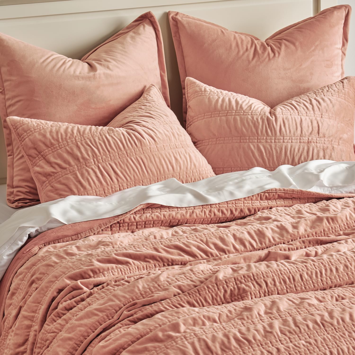 EVERGRACE Velvet Quilt Set Queen Size Pink Clay