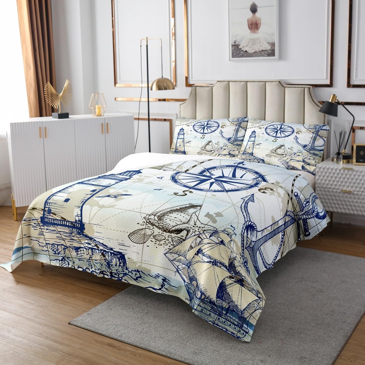 Erosebridal Nautical Theme King Quilt Set