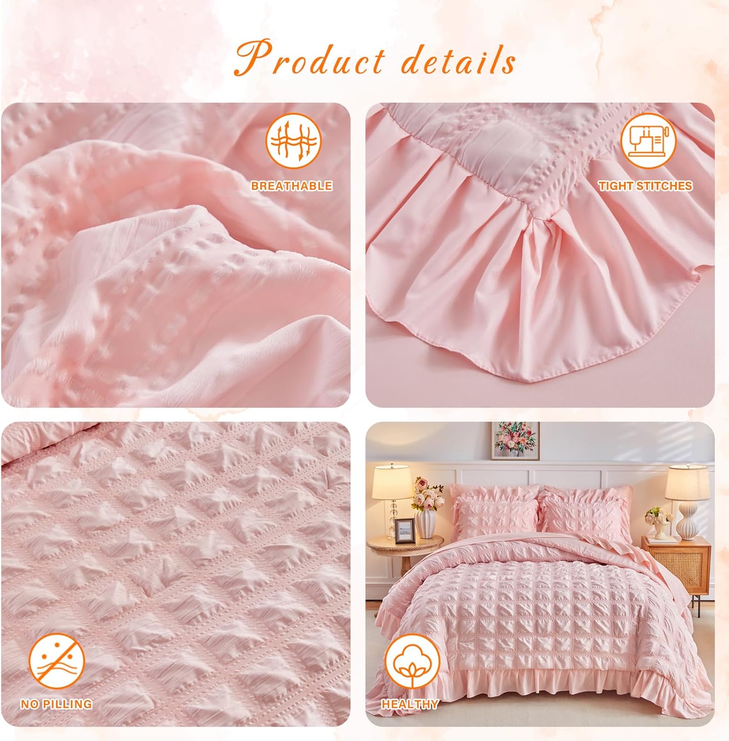 Tititada Blush Pink Plaid Seersucker Comforter Set