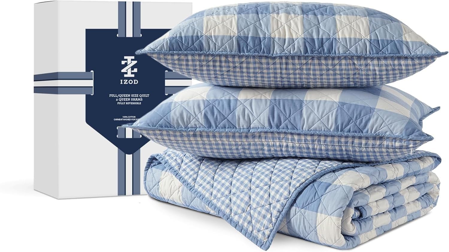 IZOD 100 Cotton Percale Quilt Set Reversible Twin Bedding Blue Gingham