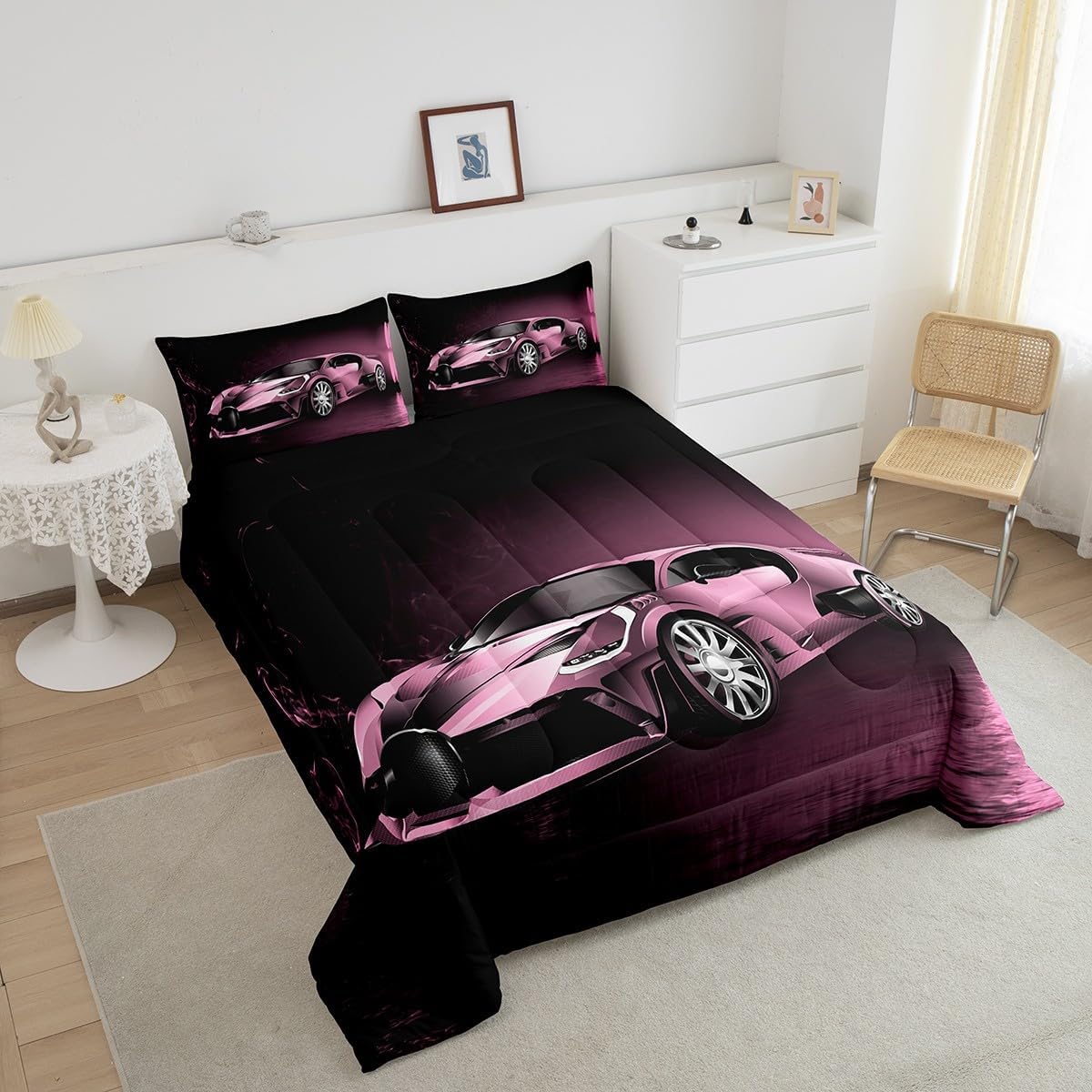 Feelyou Sports Comforter Set Pink Race Car Theme 3Pcs