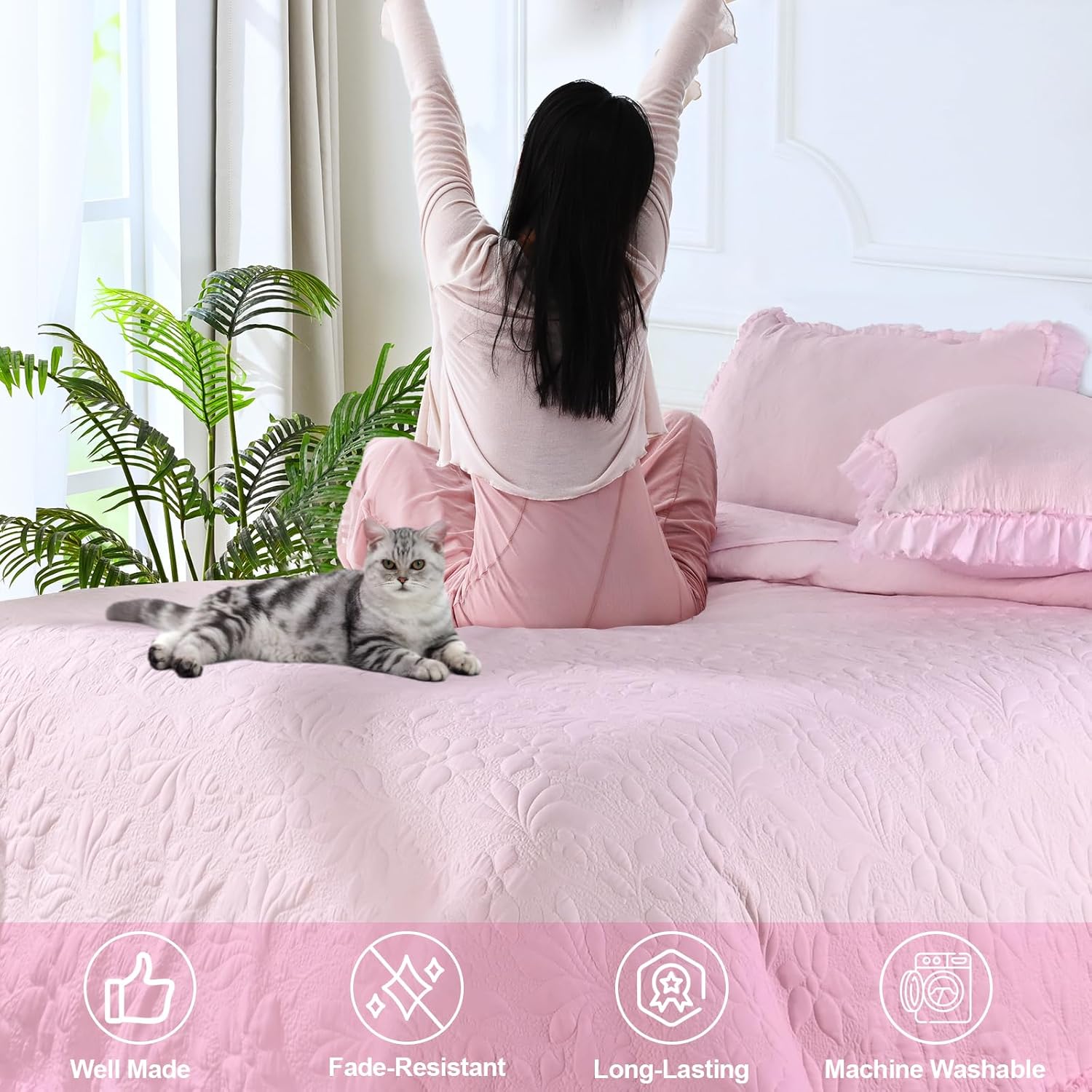 Uspring Pink Ruffled Floral Queen Comforter Set 3 Piece