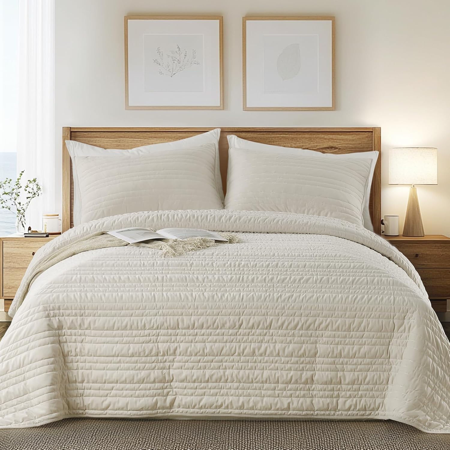 KASENTEX Queen Quilt Set 3 Pieces with Pillow Shams Light Khaki Velvet Bedding