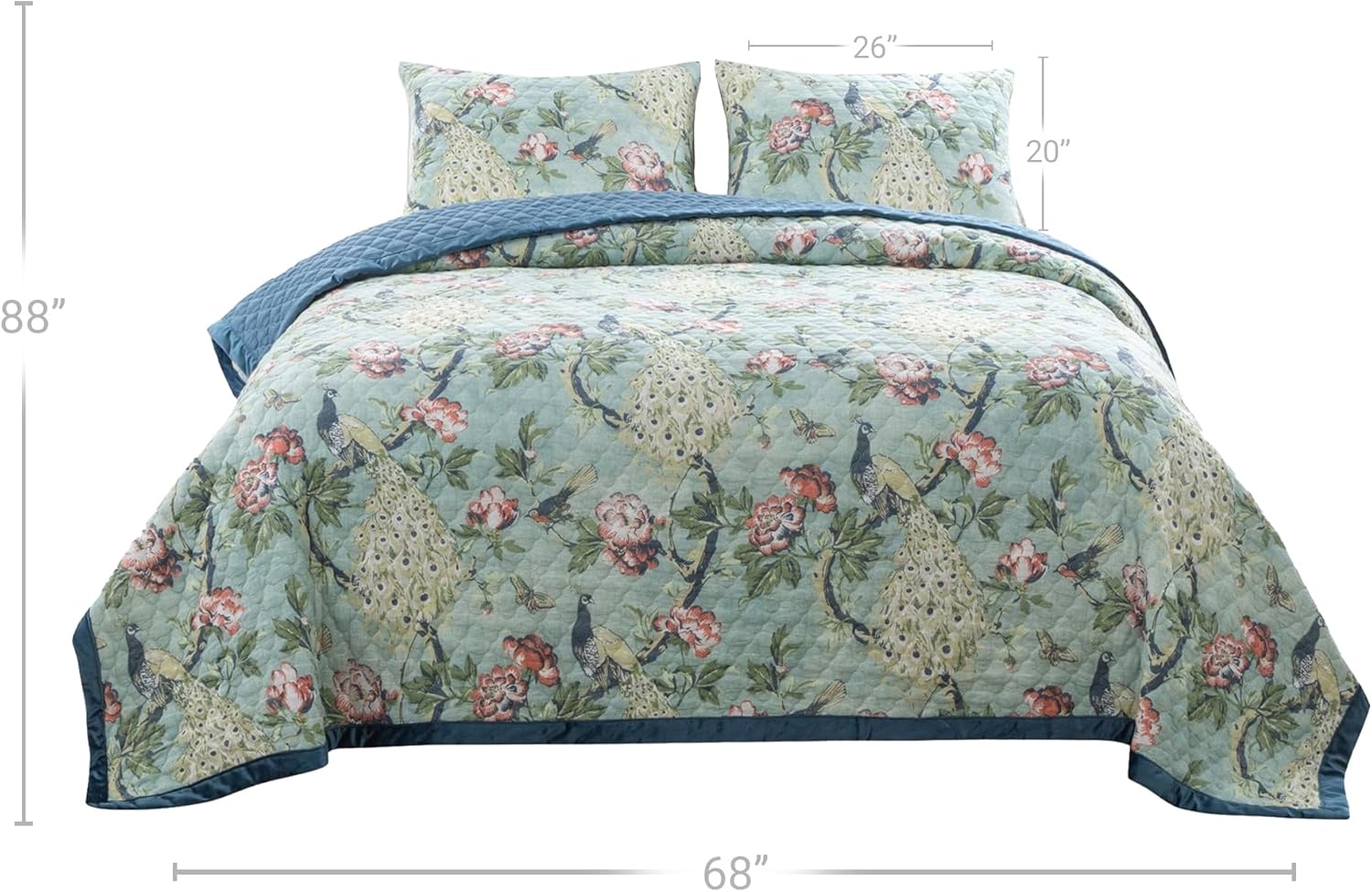 Benjara Eden Twin XL Quilt Set Peacock and Songbirds Microfiber Green and Blue