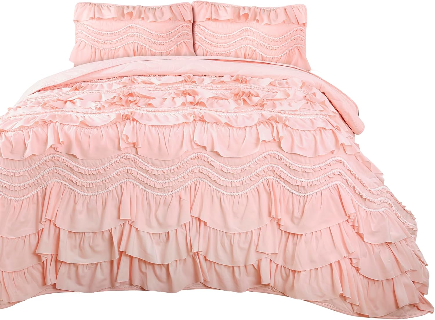 Lush Decor Kemmy Ruffled Quilt 3 Piece King Set PeachBlush