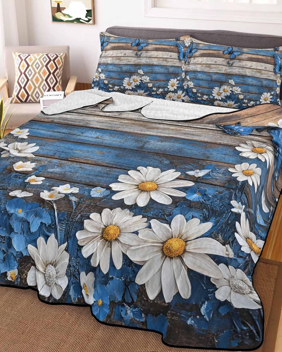RisQiten Twin XL Quilt Set - Blue Butterfly White Daisy Reversible Bedding