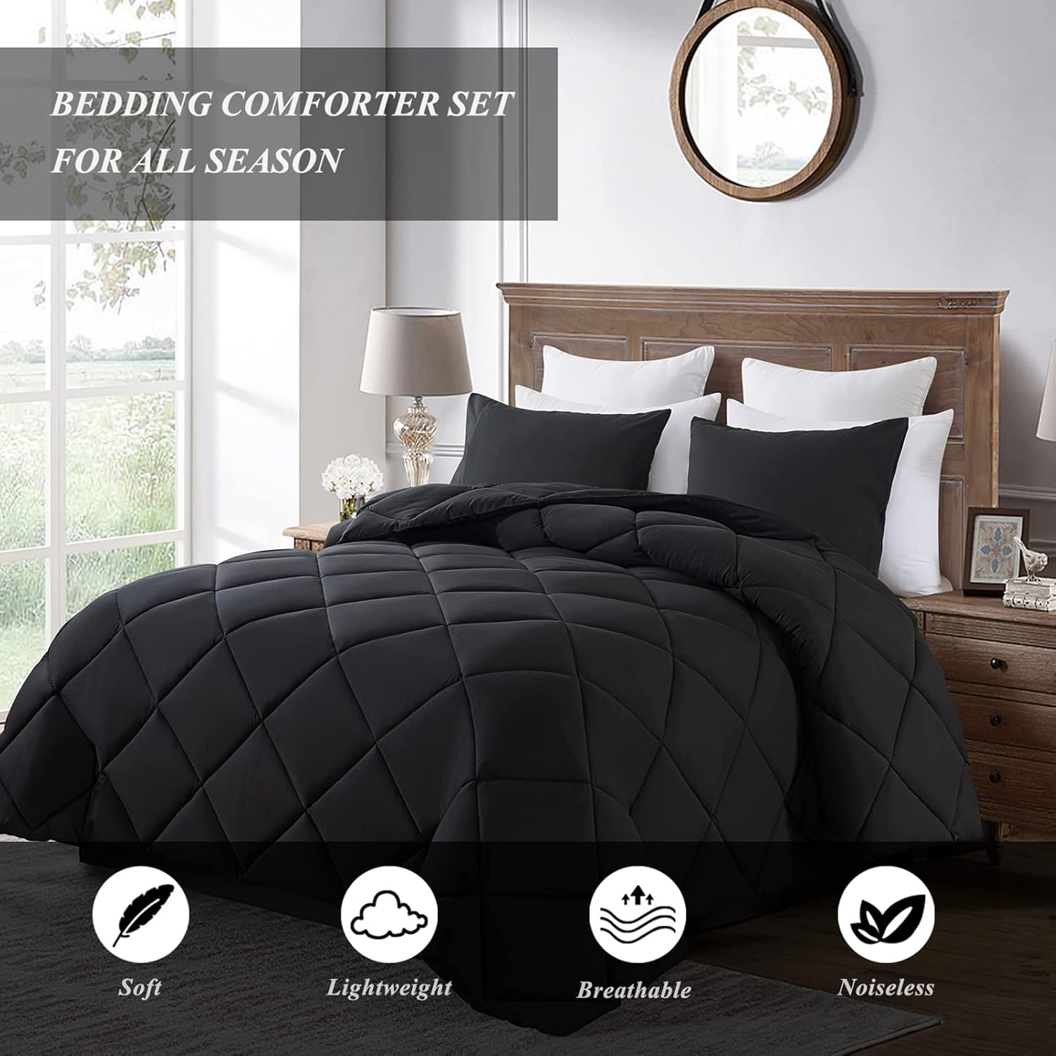 ELNIDO QUEEN Lightweight King Comforter Set - 3 Piece Black 200GSM