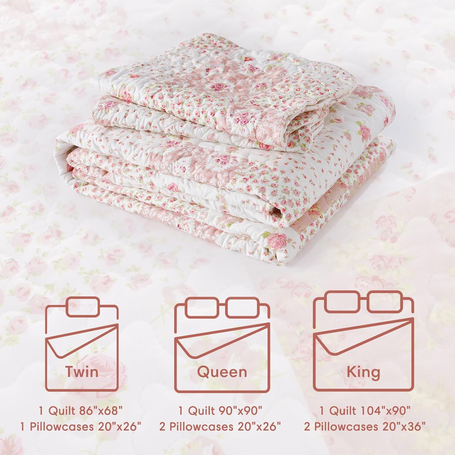 KASENTEX Twin Quilt Set 86x68 Pink Floral Patchwork