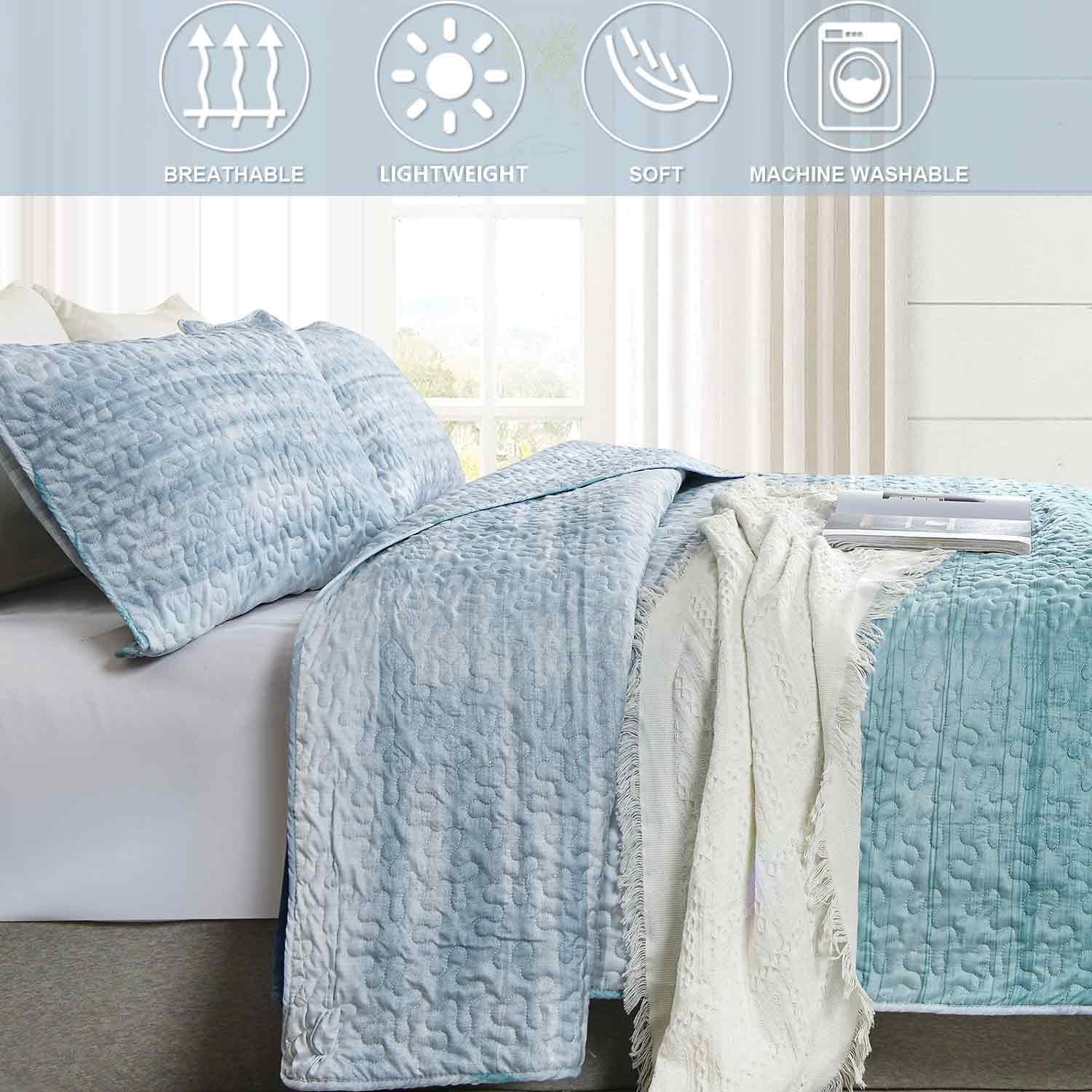 Nanko King Size Quilt Set 3 pcs Grey Teal Blue Striped
