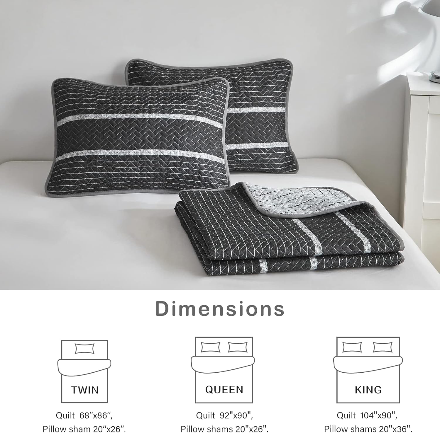 Flysheep Dark Grey Boho Quilt Set King Size 3 Pcs