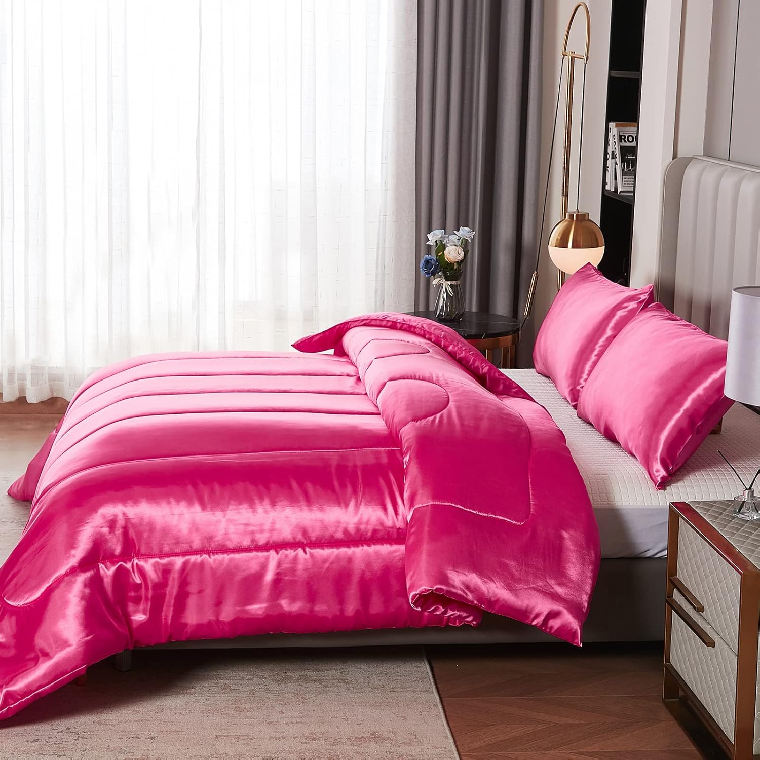 Kanak Bedding 3PC Satin Comforter Set Queen Hot Pink