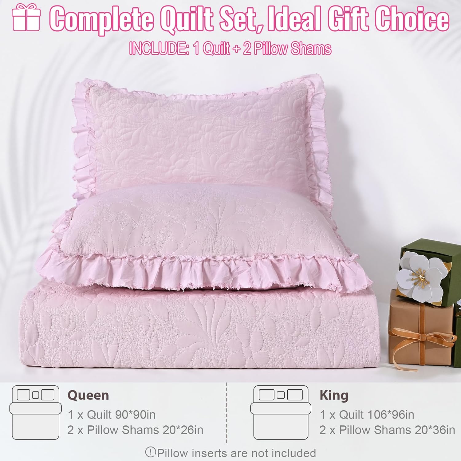Uspring Pink Ruffled Floral Queen Comforter Set 3 Piece