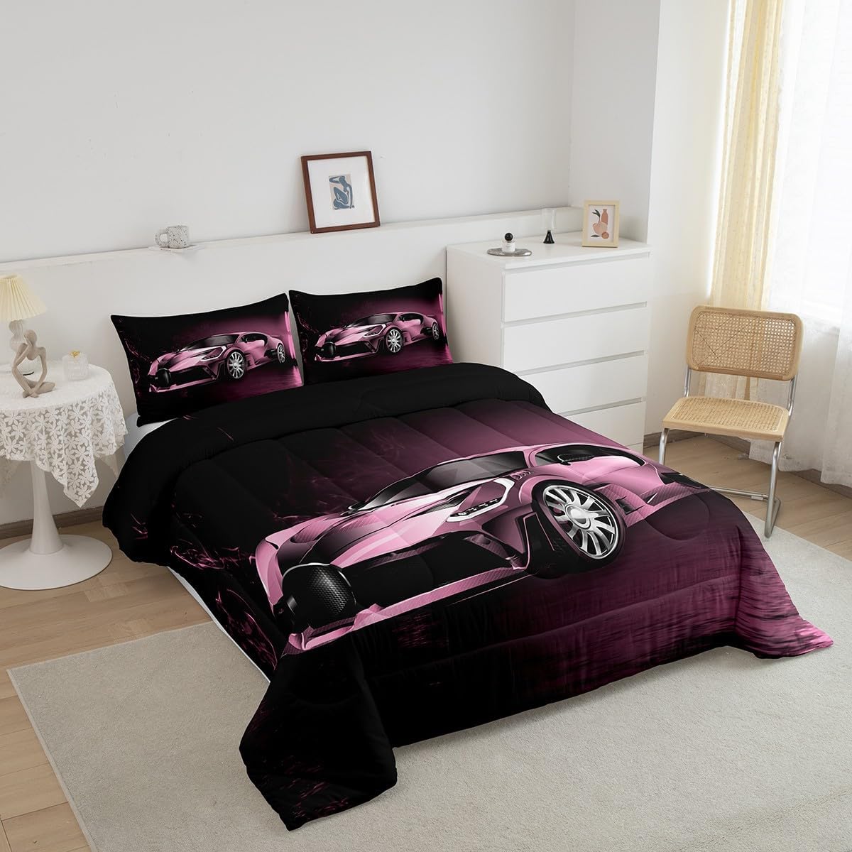 Feelyou Sports Comforter Set Pink Race Car Theme 3Pcs
