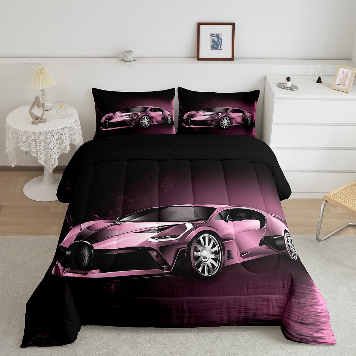 Feelyou Sports Comforter Set Pink Race Car Theme 3Pcs