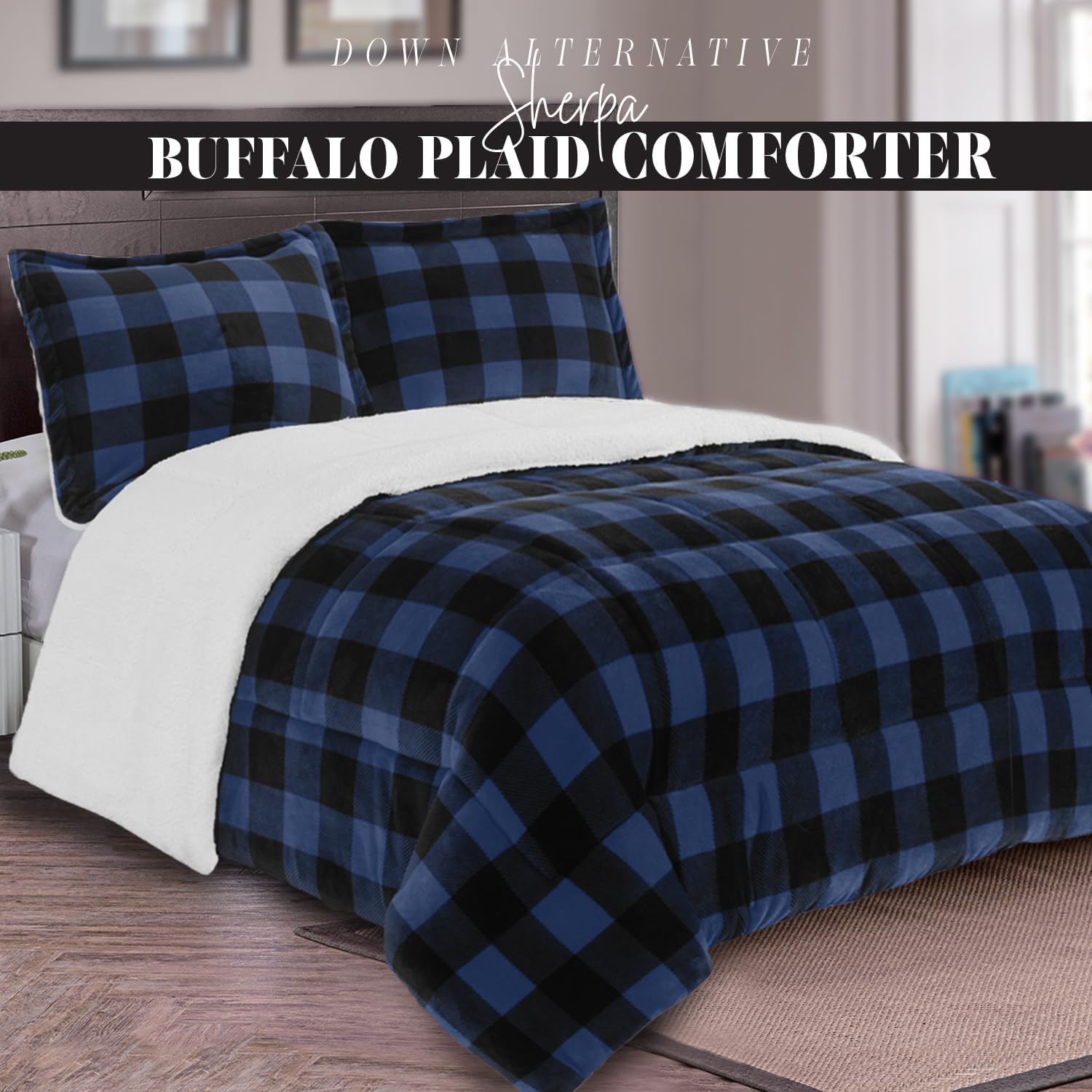 Elegant Comfort 3-Piece Buffalo Plaid Comforter Set King Blue