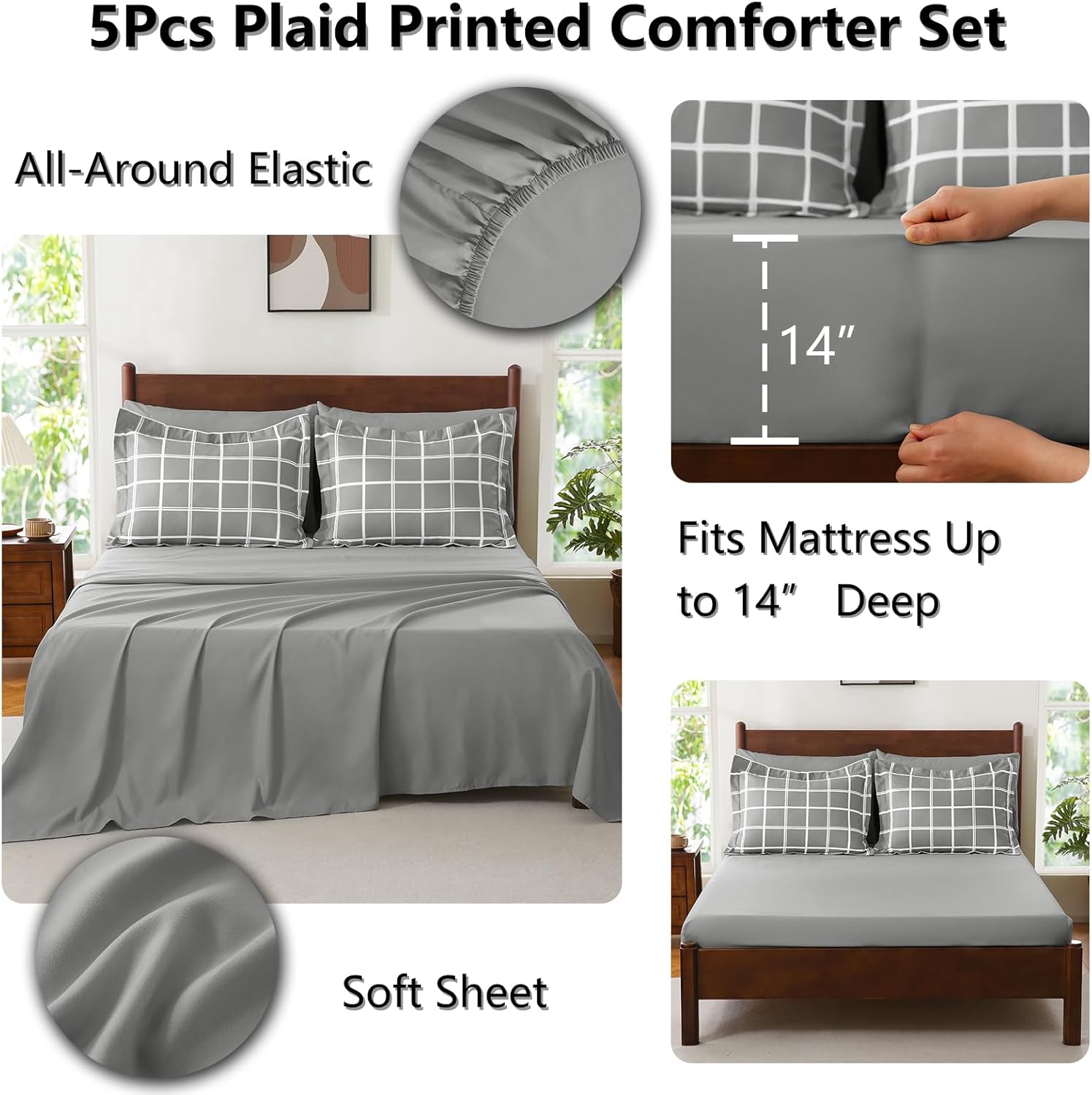 CozyLux Twin XL Plaid Comforter Set Grey 1