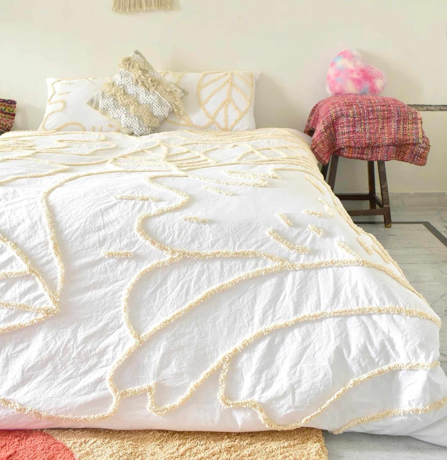 5 Piece Boho Duvet Cover Set - White Floral
