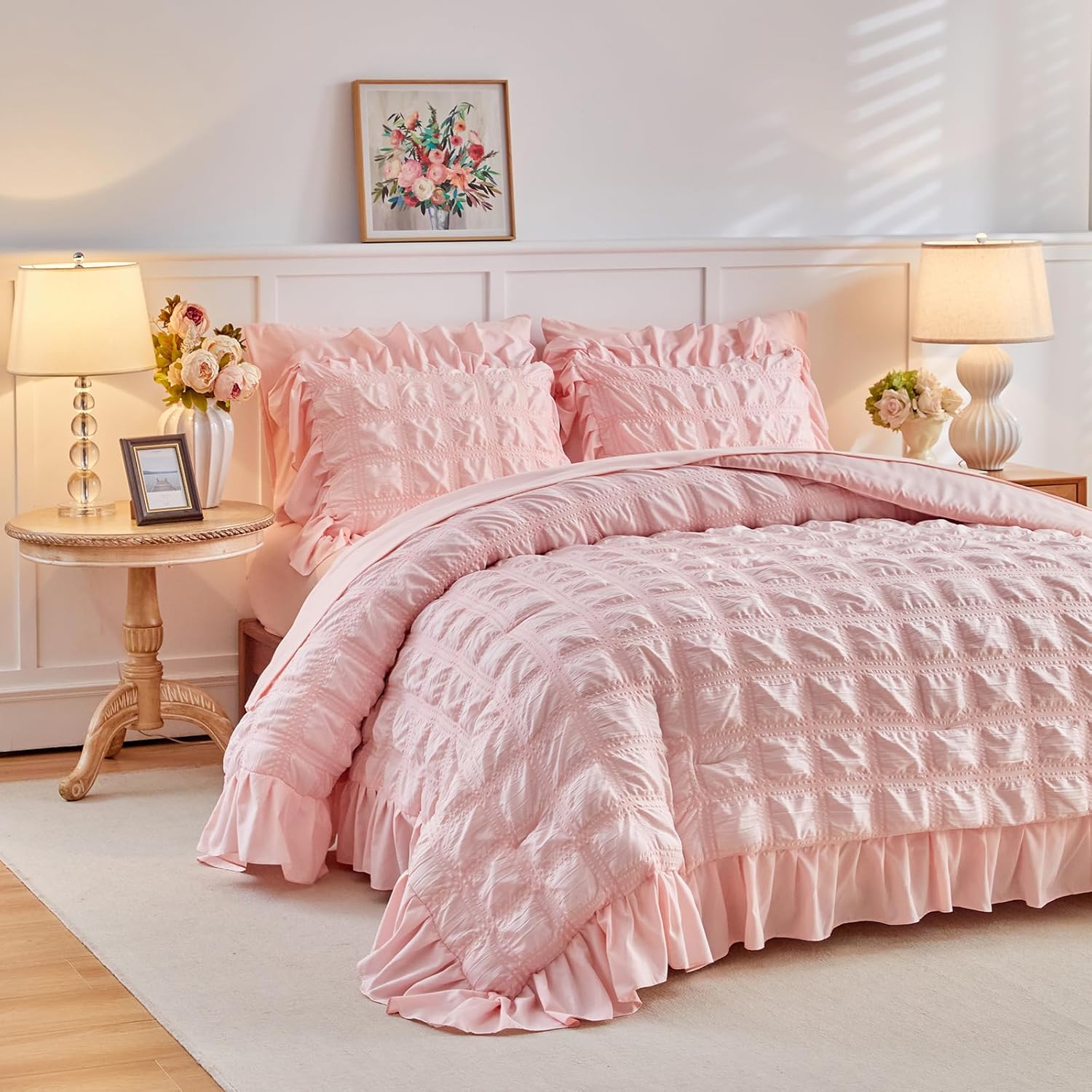 Tititada Blush Pink Plaid Seersucker Comforter Set