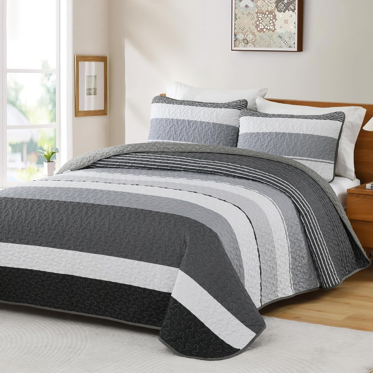 Dinjoy Boho Quilt Set Queen - Black White with Grey Striped