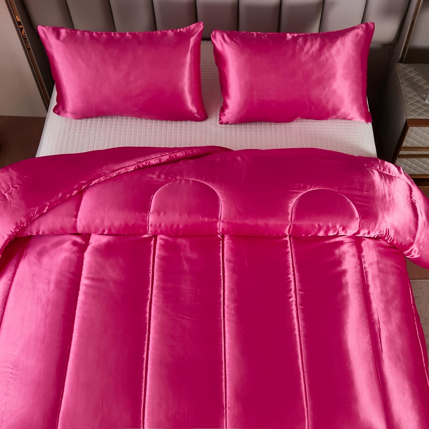 Kanak Bedding 3PC Satin Comforter Set Queen Hot Pink