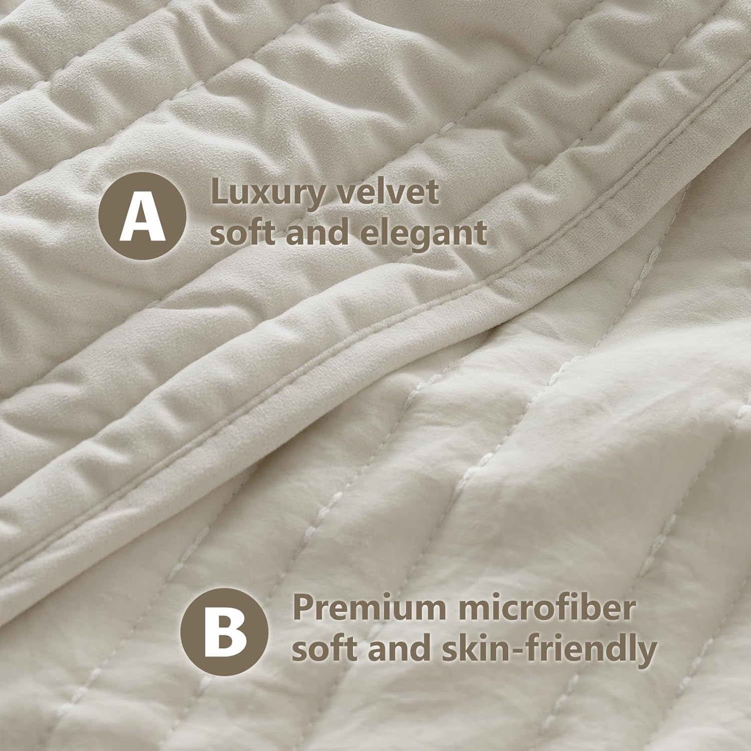 KASENTEX Queen Quilt Set 3 Pieces with Pillow Shams Light Khaki Velvet Bedding