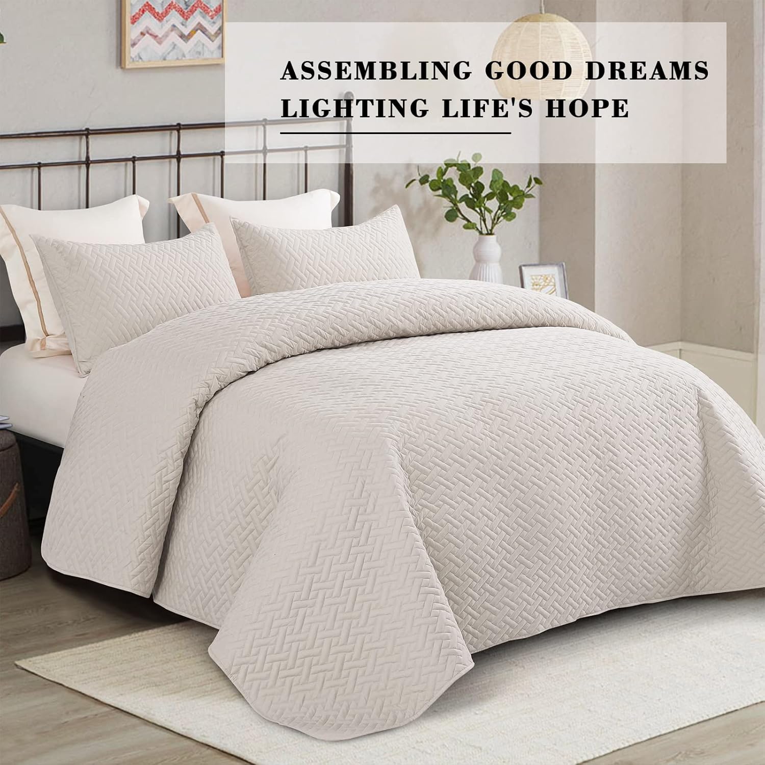 Exclusivo Mezcla Full Queen Quilt Bedspread Set with Basket Weave Pattern